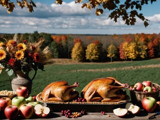 Thanksgiving Turkey Fall Harvest Scene, ,with Apples, Pie, and Corn on Top of Table With Field Trees And Sky Background, Still Life. 