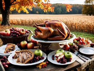 Thanksgiving Turkey Fall Harvest Scene, ,with Apples, Pie, and Corn on Top of Table With Field Trees And Sky Background, Still Life. 