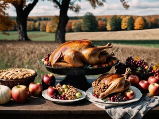 Thanksgiving Turkey Fall Harvest Scene, ,with Apples, Pie, and Corn on Top of Table With Field Trees And Sky Background, Still Life. 