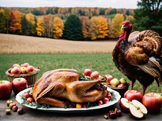 Thanksgiving Turkey Fall Harvest Scene, ,with Apples, Pie, and Corn on Top of Table With Field Trees And Sky Background, Still Life. 