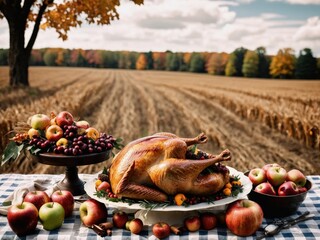Thanksgiving Turkey Fall Harvest Scene, ,with Apples, Pie, and Corn on Top of Table With Field Trees And Sky Background, Still Life. 