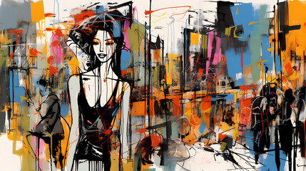 Fototapeta na wymiar figurative painting city, movement concept in the city, community, people