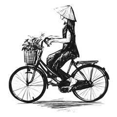 Drawing of the Vietnamese girl is riding the bicycle with flowers