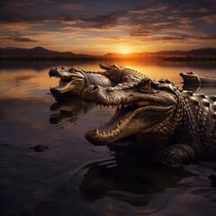 Realistic photo of a crocodile with a lake and twilight background