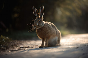 Fototapeta premium Wild hare crossing the car forest field road