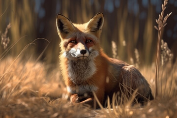 Naklejka na ściany i meble Wild fox in the autumn forest field. Hunting
