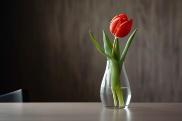 A red tulip in a vase on a table. Generative AI