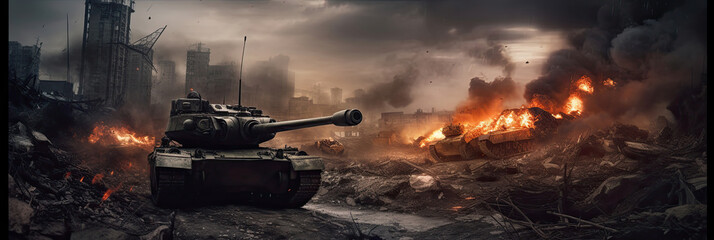 Armored tank crosses destroyed city during war invasion epic scene of fire and some in war. Generative Ai