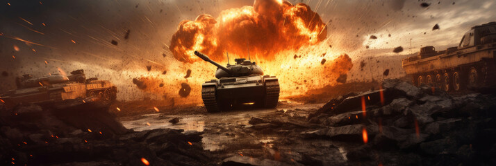 Armored tank shooting of a battle field in a war. bombs and explosions in war. Generative Ai - obrazy, fototapety, plakaty
