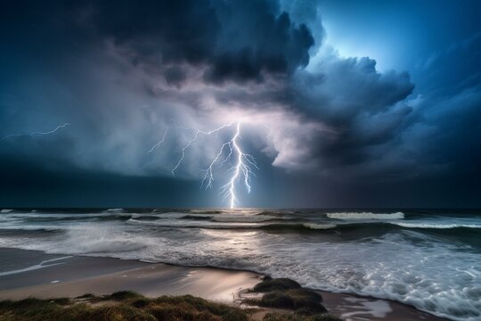Electrifying storm over the ocean. Generative AI © Zara