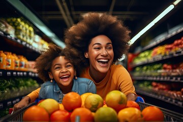 Portrait of afro american mother and son excited shopping at the grocery store