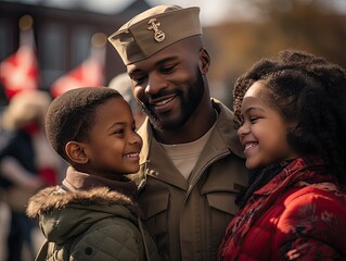 Afro american military father holding his children after coming back home from the war