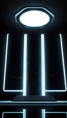 Futuristic dark podium with light and reflection background