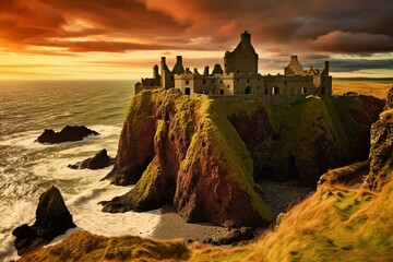 Dunnottar Castle in Stonehaven, Scotland. A ruined medieval fortress in Aberdeenshire. Generative AI - obrazy, fototapety, plakaty