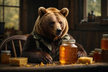 brown bear with a glass of honey