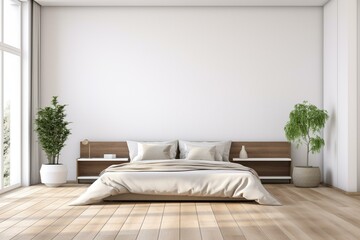 Contemporary and versatile bedroom. Empty space with wooden flooring and a window suitable for virtual decoration. Generative AI