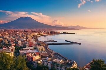 Obraz premium A summer sunrise panorama in Naples (Napoli), Italy's province of Campania. Generative AI
