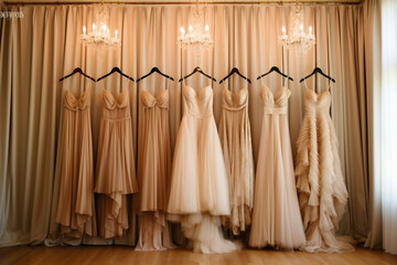 Gorgeous wedding dress and beige gowns for bridesmaids hang over the bad