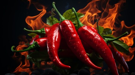 Red hot chilli peppers on fire burning on dark background