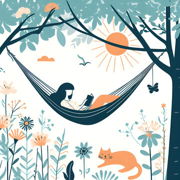 Descansar y leer al aire libre sobre una hamaca
