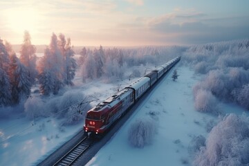 A train traveling on a railway in the snow in winter. top view, shooting from a drone