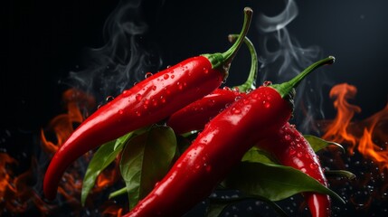 Red hot chilli peppers on fire burning on dark background