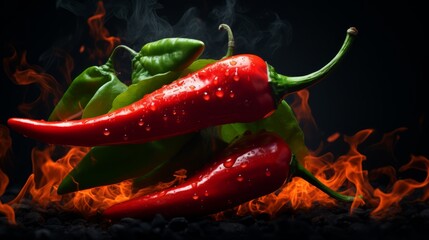 Red hot chilli peppers on fire burning on dark background