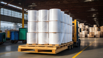 Forklift transports large roll of paper for the production , Storage of paper rolls at a warehouse in a paper factory