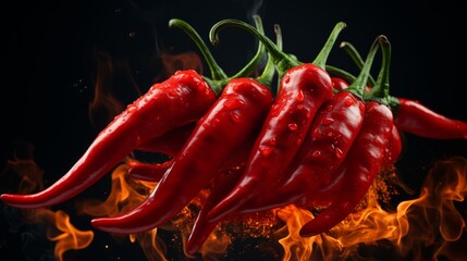 Red hot chilli peppers on fire burning on dark background
