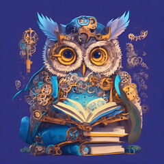 An automaton owl, wearing professorial glasses, poring over a book of mechanical engineering, surrounded by cogs and gears. / two thirds view, moving action shot, cute and quirky, h
