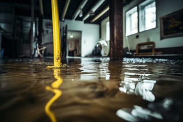 Cleaning flooded basement with deep water using a mop, repairing water damage caused by rain, snowmelt, or pipe burst. Selective focus on cable. Generative AI - obrazy, fototapety, plakaty