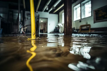 Fotobehang Cleaning flooded basement with deep water using a mop, repairing water damage caused by rain, snowmelt, or pipe burst. Selective focus on cable. Generative AI © Xander