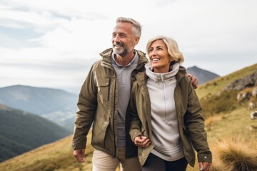 Senior couple admiring the scenic Pacific coast while hiking, filled with wonder at the beauty of nature during their active retirement. Exploring the great outdoors in the mountains, active lifestyle - obrazy, fototapety, plakaty