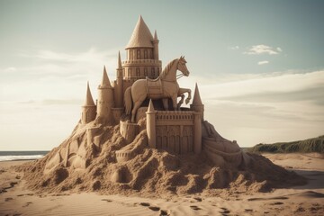 A castle made of sand with a knight and horse on a beach. Generative AI - obrazy, fototapety, plakaty