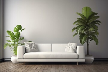 3D rendering of a sofa and plant from the front view. Generative AI