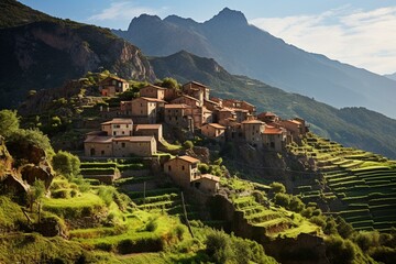 Landscape featuring a mountain village in Corsica, France. Generative AI