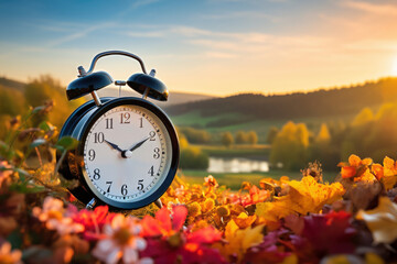 Daylight saving time ends. Alarm clock on beautiful nature background with summer flowers and autumn leaves. Summer time end and fall season coming. Clock turn backward to winter time. Autumn equinox - obrazy, fototapety, plakaty