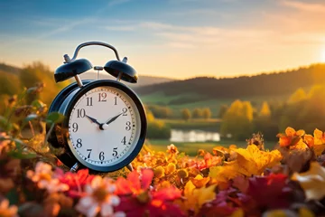 Selbstklebende Fototapeten Daylight saving time ends. Alarm clock on beautiful nature background with summer flowers and autumn leaves. Summer time end and fall season coming. Clock turn backward to winter time. Autumn equinox © vejaa