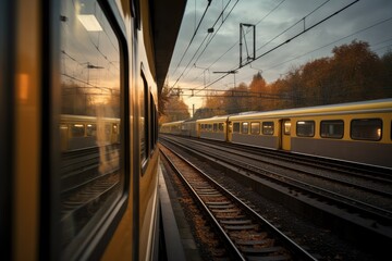 Obraz premium View of mountains, forest, green landscape from the train window. Rail travel concept