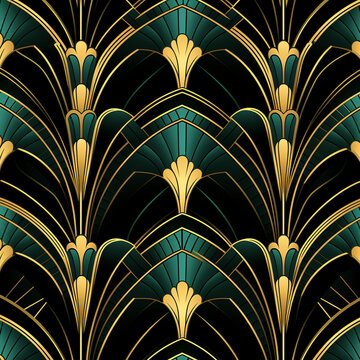 An art deco wallpaper with gold and green accents