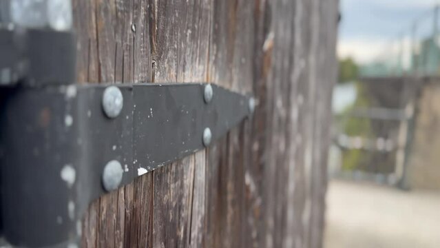 Old hinge on a vintage wooden barn door - isolated close up