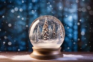 Fototapeta na wymiar Scenic snow globe with winter scenery, trees, and christmas background. Generative AI