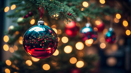 Christmas Balls Hanging Fir Branches With Light