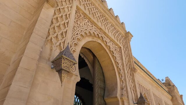 Entrance to Al Hassan Mosque in Rabbat, Morocco, horseshoe arch doorways