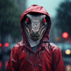 A fierce figure clad in a red hoodie and a terrifying dinosaur mask roams the streets, their presence sending shivers down the spines of those who dare to cross their path in the eerie outdoor settin