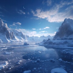 Nature's frozen masterpiece, a majestic arctic landscape where the sky meets the crystal clear waters of a frozen lake surrounded by towering mountains and sparkling snow, a breathtaking display of w