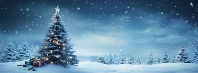A beautifully decorated Christmas tree in a winter wonderland - obrazy, fototapety, plakaty