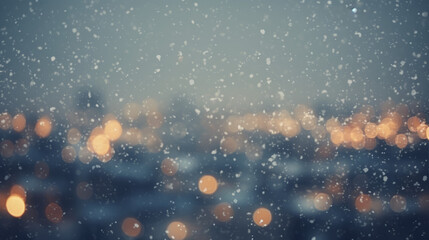 Obraz premium Beautiful blurred of festive night or evening city with snowfall and Christmas lights. Abstract Christmas defocused background.