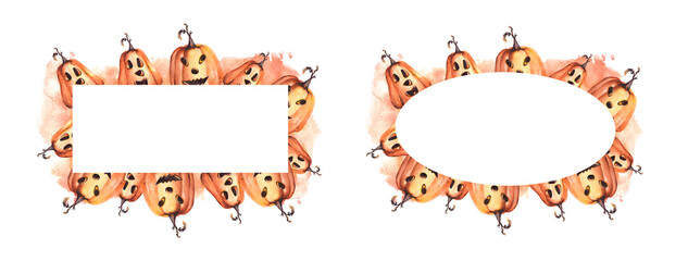 Happy Halloween pumpkin scary face. Square and oval frame, banner set with orange watercolor stains. Autumn watercolor illustration hand painting on white background Halloween celebration cards, flyer