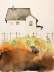 A Minimal Watercolor of a Mole in the Backyard of a Nice House in the Suburbs